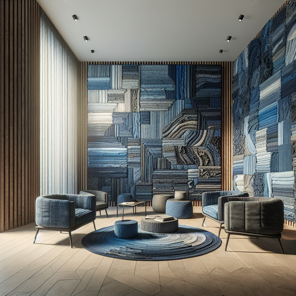 Hyperrealistic sustainable interior with reclaimed denim wall art, layered blue textures, modern eco furniture, and warm textured lighting.