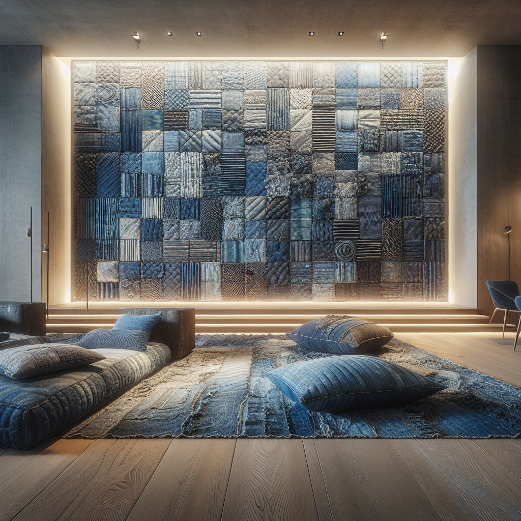 Hyperrealistic sustainable interior with reclaimed denim wall art, layered blue textures, modern eco furniture, and warm textured lighting.