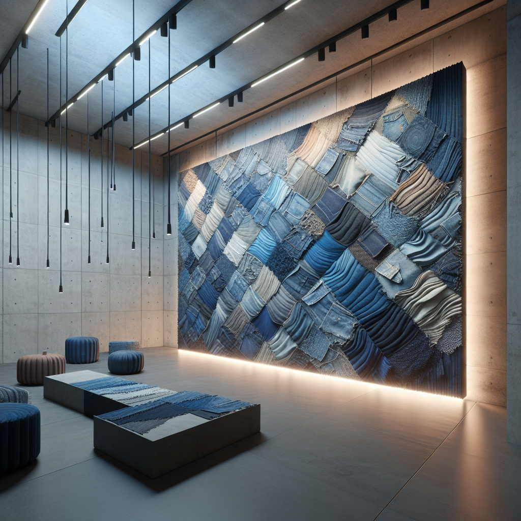 Hyperrealistic sustainable interior with reclaimed denim wall art, layered blue textures, modern eco furniture, and warm textured lighting.