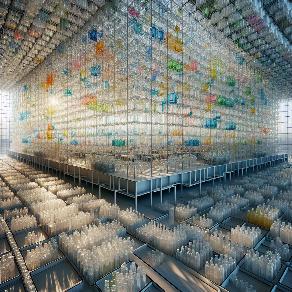Hyperrealistic eco pavilion made from recycled plastic bottles with translucent walls, vibrant refractions, and sustainable architectural design.