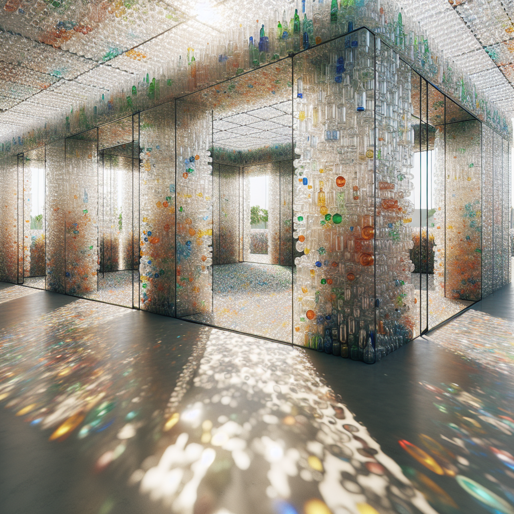 Hyperrealistic eco pavilion made from recycled plastic bottles with translucent walls, vibrant refractions, and sustainable architectural design.