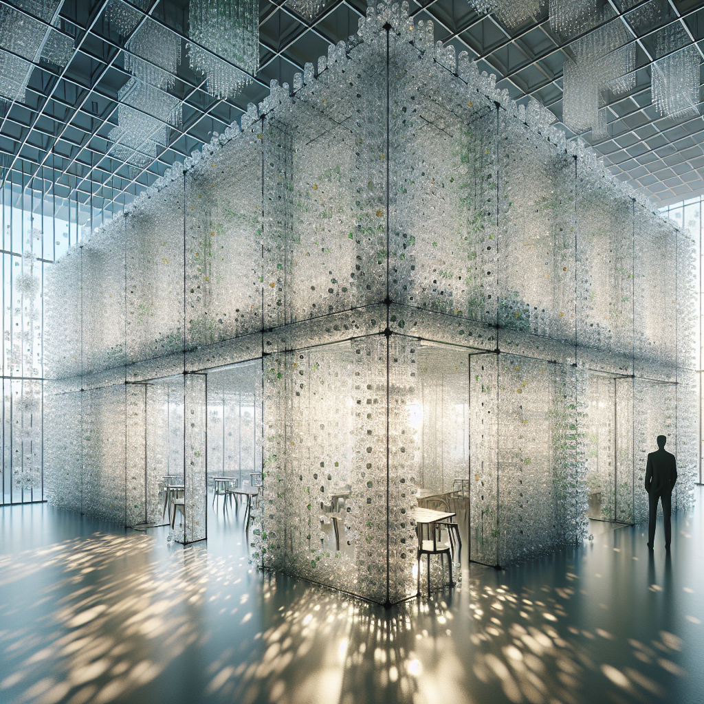Hyperrealistic eco pavilion made from recycled plastic bottles with translucent walls, vibrant refractions, and sustainable architectural design.