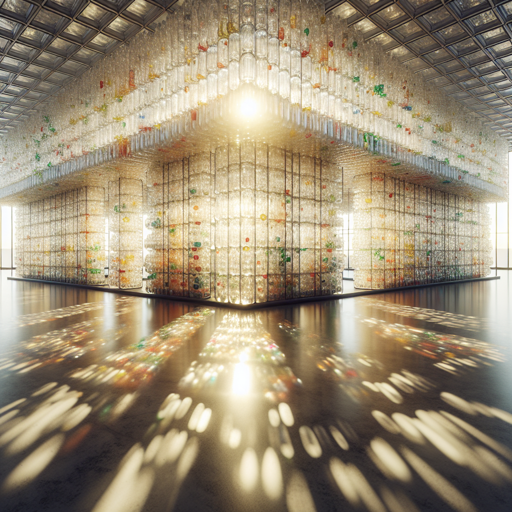 Hyperrealistic eco pavilion made from recycled plastic bottles with translucent walls, vibrant refractions, and sustainable architectural design.
