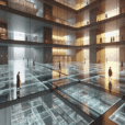 Hyperrealistic futuristic interior render of a transparent multi-level “Rehab Labyrinth Floor” with glass layers, water, light, and walking figures.