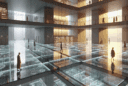 Hyperrealistic futuristic interior render of a transparent multi-level “Rehab Labyrinth Floor” with glass layers, water, light, and walking figures.