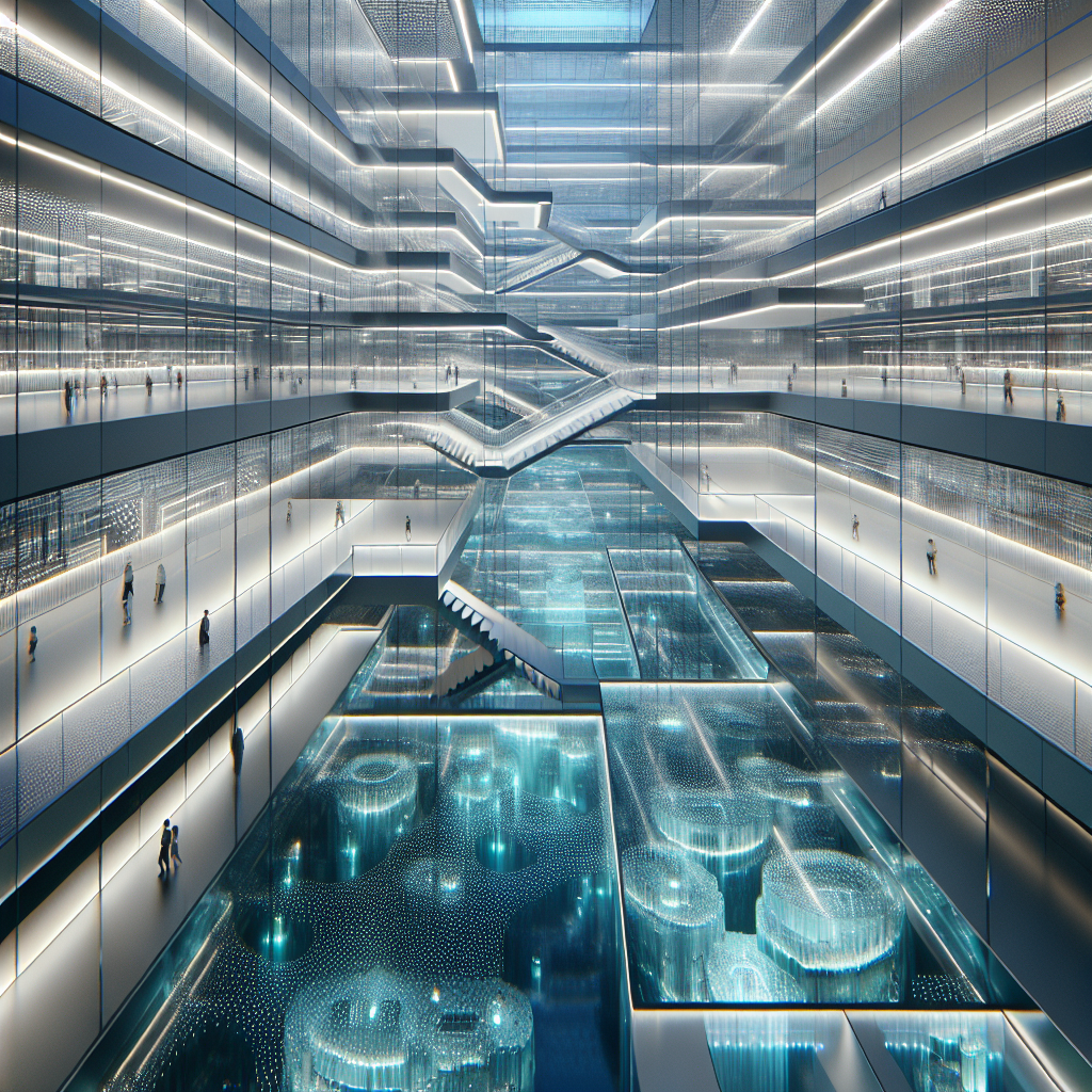 Hyperrealistic futuristic interior render of a transparent multi-level “Rehab Labyrinth Floor” with glass layers, water, light, and walking figures.