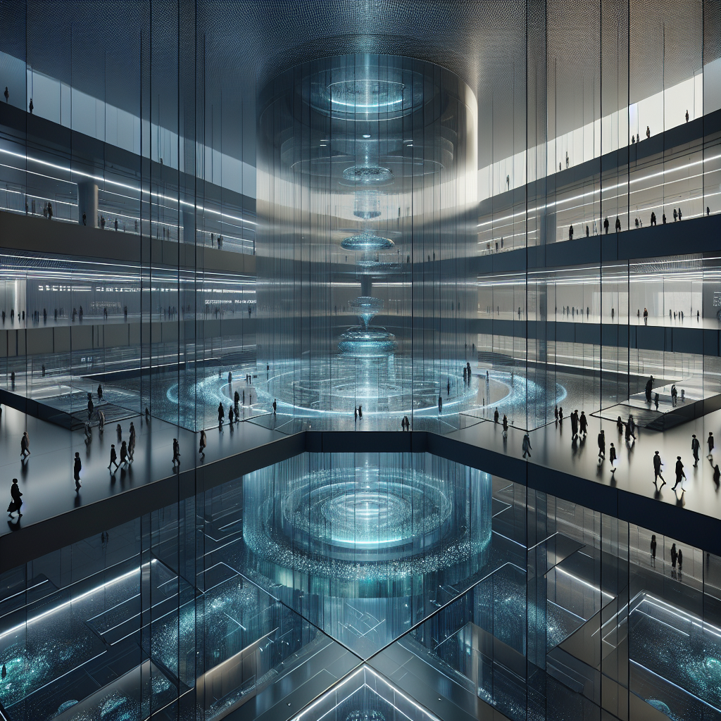 Hyperrealistic futuristic interior render of a transparent multi-level “Rehab Labyrinth Floor” with glass layers, water, light, and walking figures.
