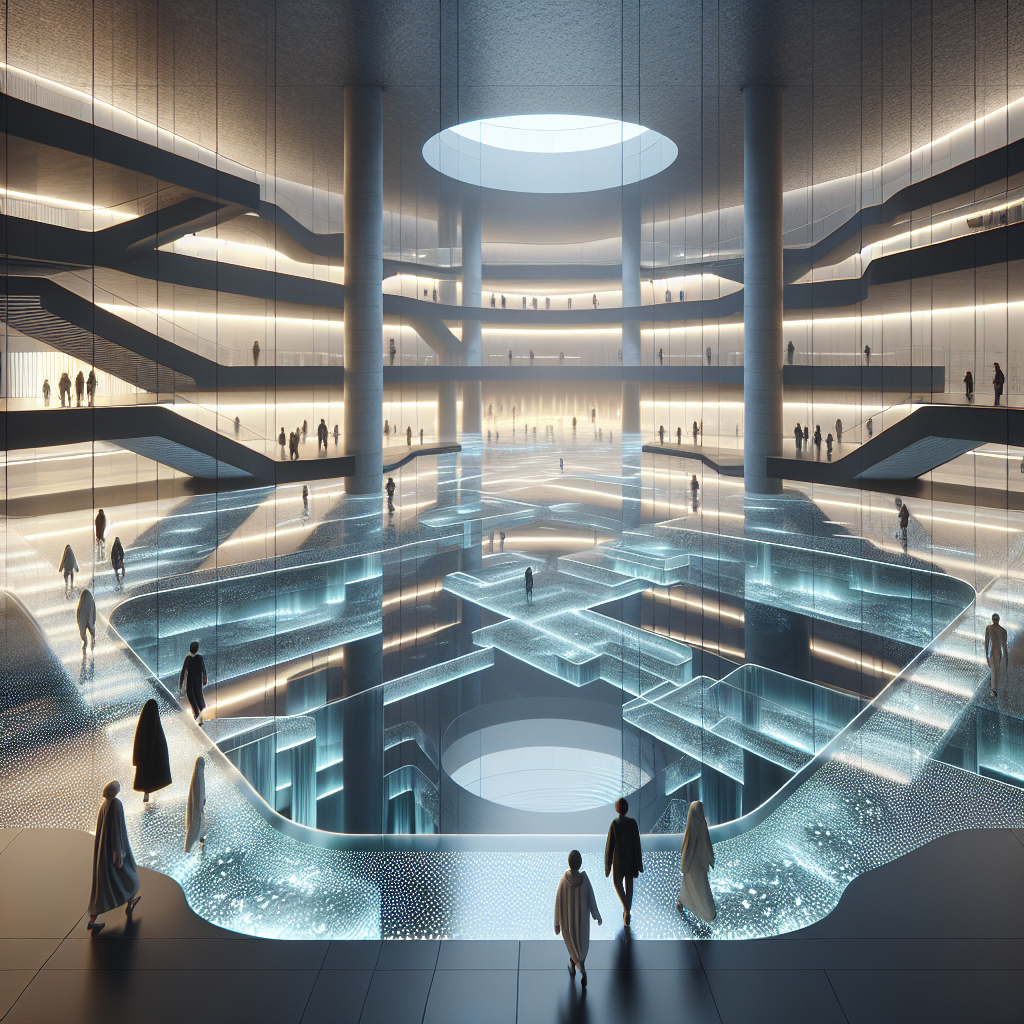Hyperrealistic futuristic interior render of a transparent multi-level “Rehab Labyrinth Floor” with glass layers, water, light, and walking figures.