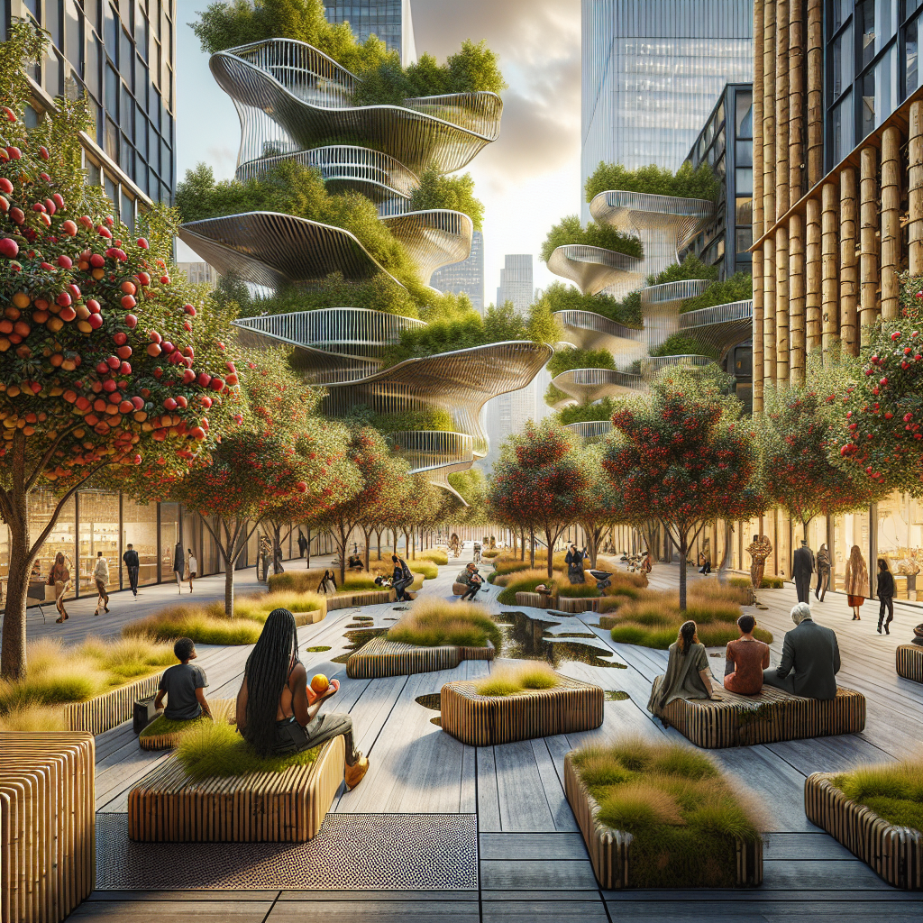 Hyperrealistic city plaza turned urban orchard with fruit trees, sustainable architecture, and people enjoying biophilic public art design.