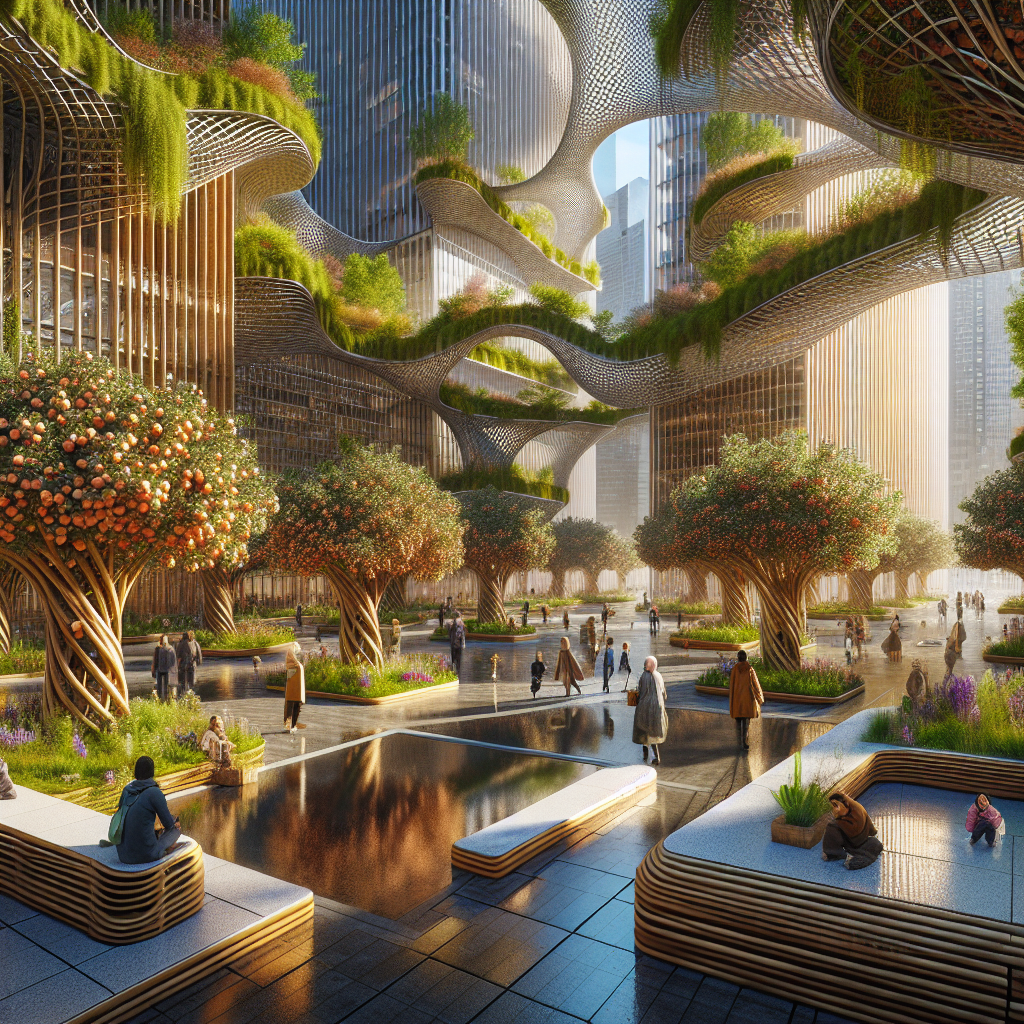 Hyperrealistic city plaza turned urban orchard with fruit trees, sustainable architecture, and people enjoying biophilic public art design.