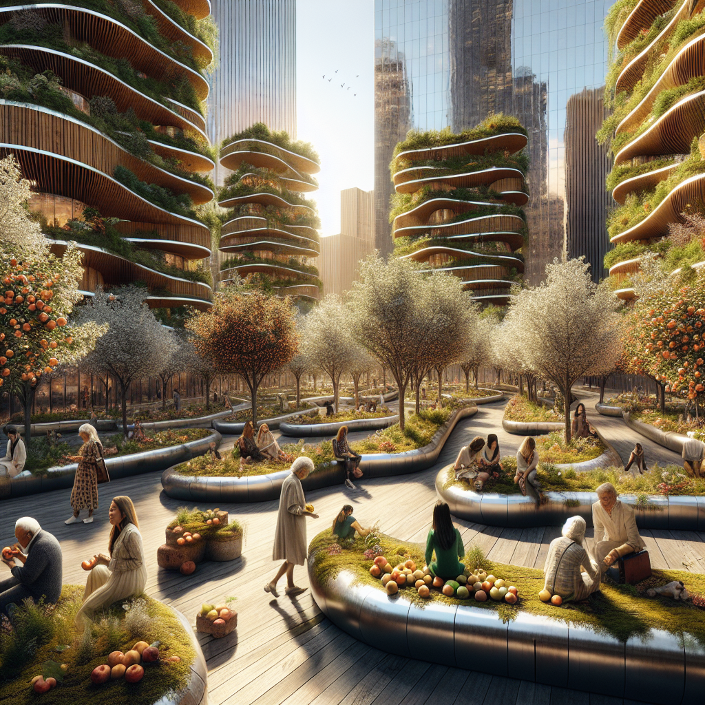 Hyperrealistic city plaza turned urban orchard with fruit trees, sustainable architecture, and people enjoying biophilic public art design.
