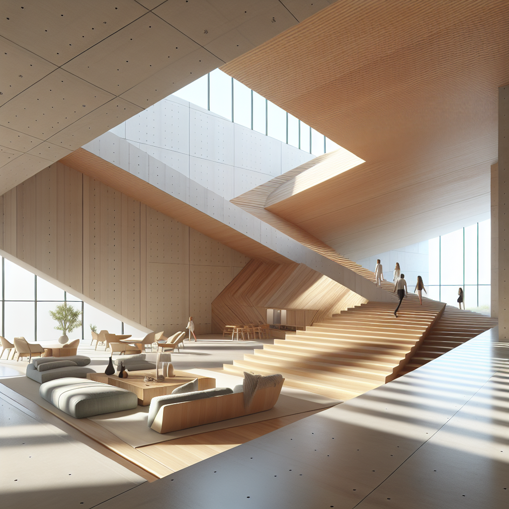 Hyperrealistic modern interior with slanted wood and concrete floors, minimalist design, warm tones, and natural light creating dynamic balance.