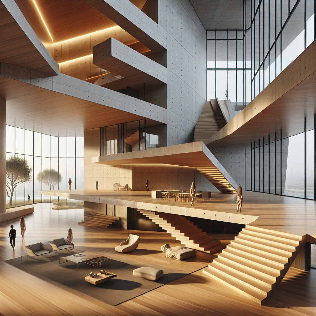 Hyperrealistic modern interior with slanted wood and concrete floors, minimalist design, warm tones, and natural light creating dynamic balance.