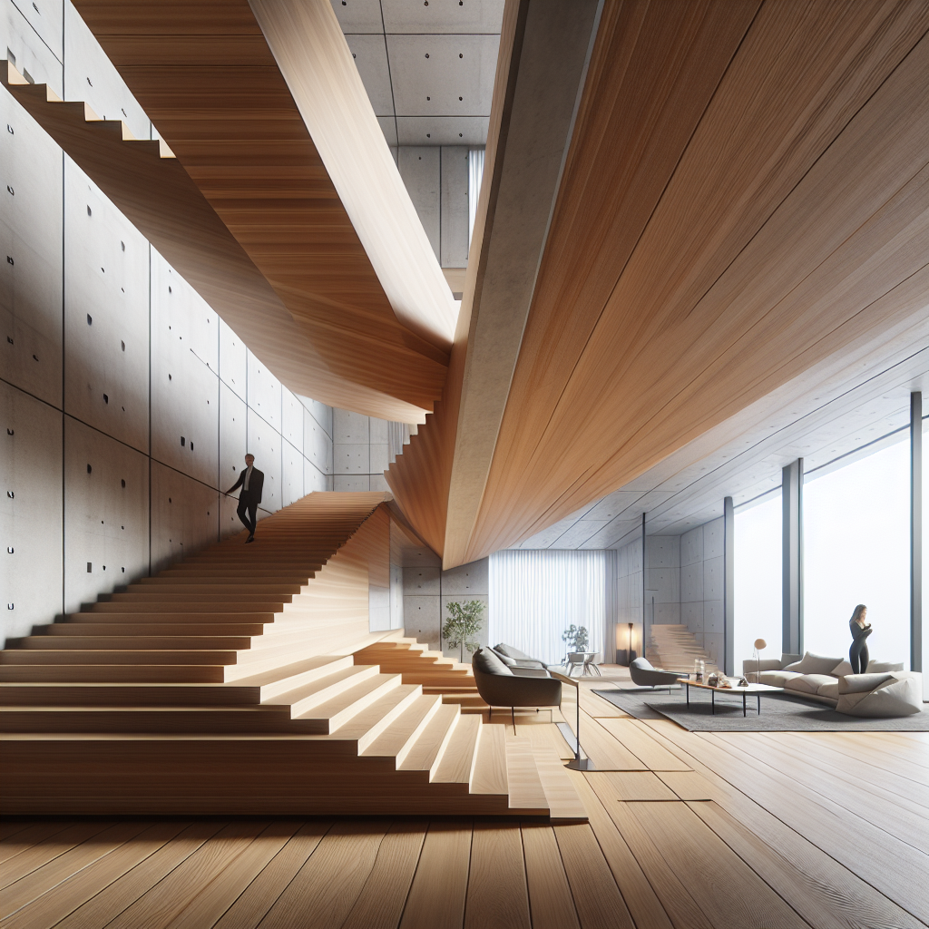 Hyperrealistic modern interior with slanted wood and concrete floors, minimalist design, warm tones, and natural light creating dynamic balance.