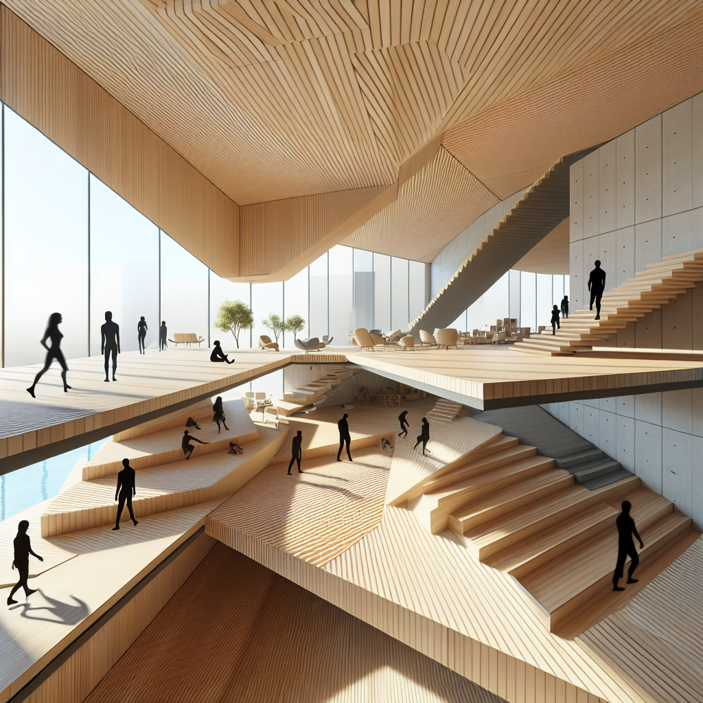 Hyperrealistic modern interior with slanted wood and concrete floors, minimalist design, warm tones, and natural light creating dynamic balance.