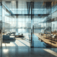 Hyperrealistic modern penthouse interior with smart liquid crystal glass windows mid-transition, sunlight, lake view, and adaptive design.