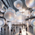 Futuristic atrium art installation with glowing translucent spheres, refracting light and creating an immersive multisensory atmosphere.