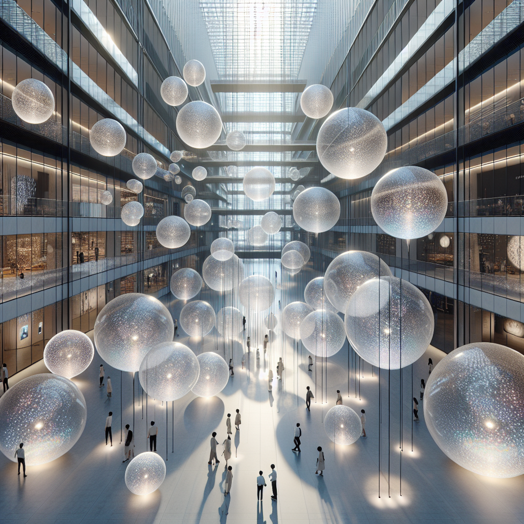 Futuristic atrium art installation with glowing translucent spheres, refracting light and creating an immersive multisensory atmosphere.
