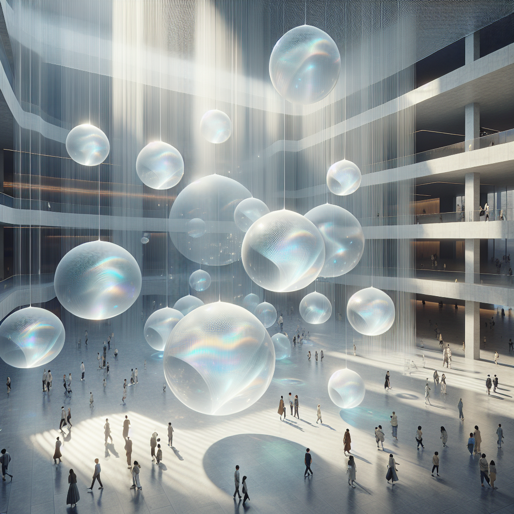 Futuristic atrium art installation with glowing translucent spheres, refracting light and creating an immersive multisensory atmosphere.