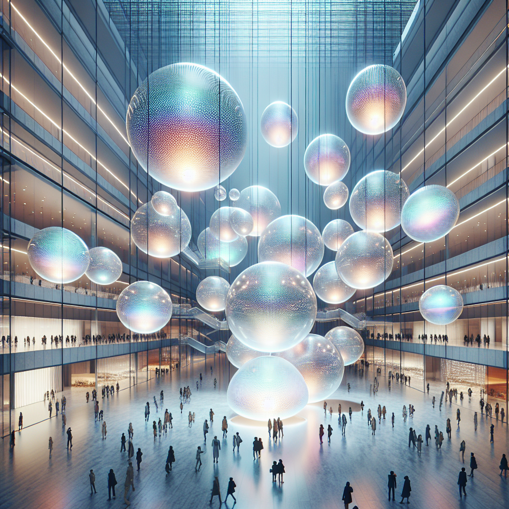 Futuristic atrium art installation with glowing translucent spheres, refracting light and creating an immersive multisensory atmosphere.