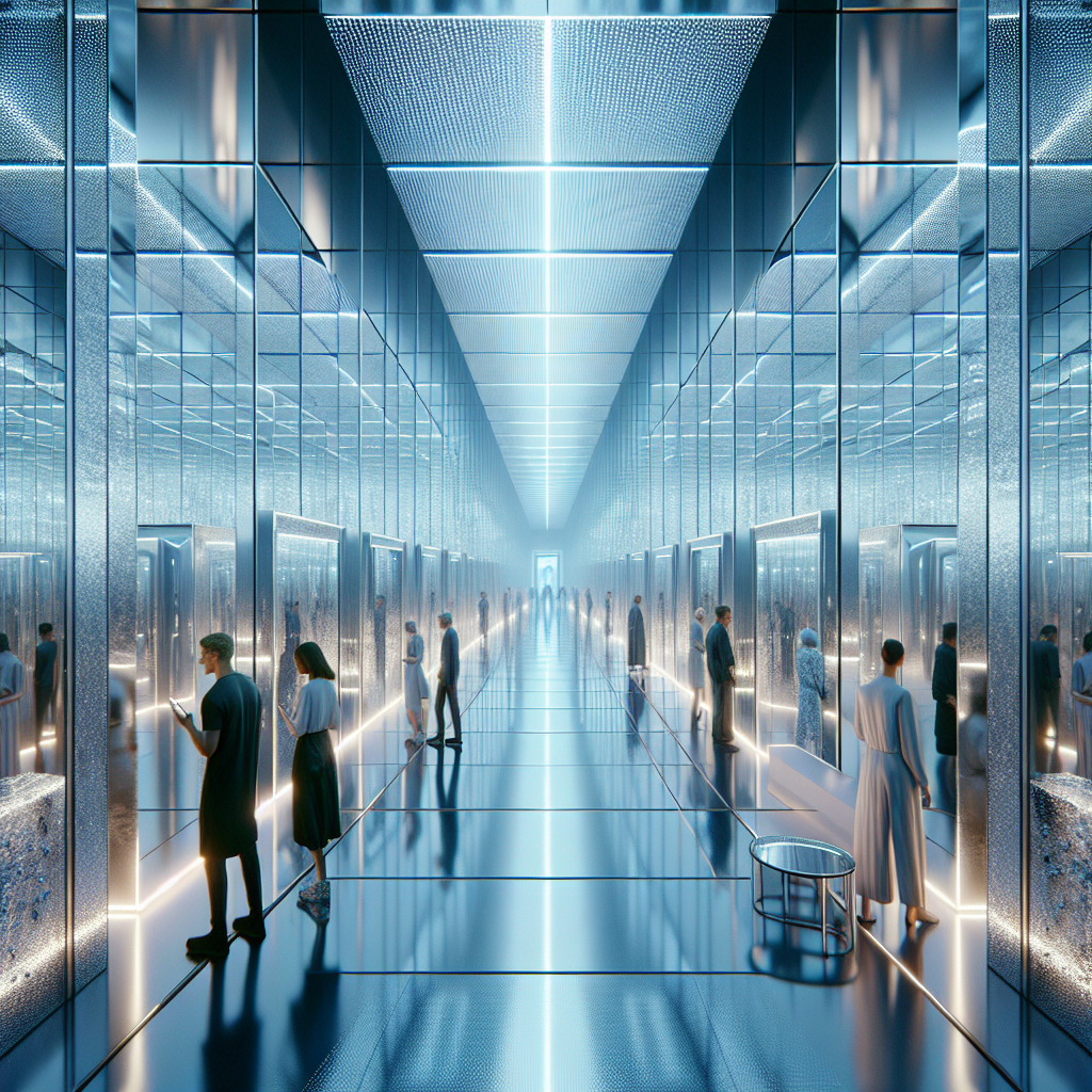 Hyperrealistic futuristic mirrored corridor in a contemporary art gallery with reflective walls, ambient lighting, and infinite reflections.