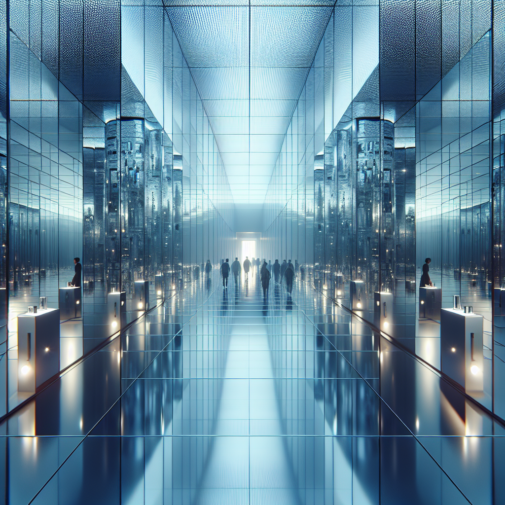 Hyperrealistic futuristic mirrored corridor in a contemporary art gallery with reflective walls, ambient lighting, and infinite reflections.