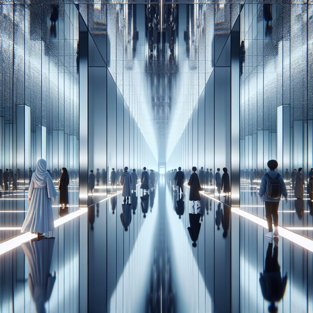 Hyperrealistic futuristic mirrored corridor in a contemporary art gallery with reflective walls, ambient lighting, and infinite reflections.