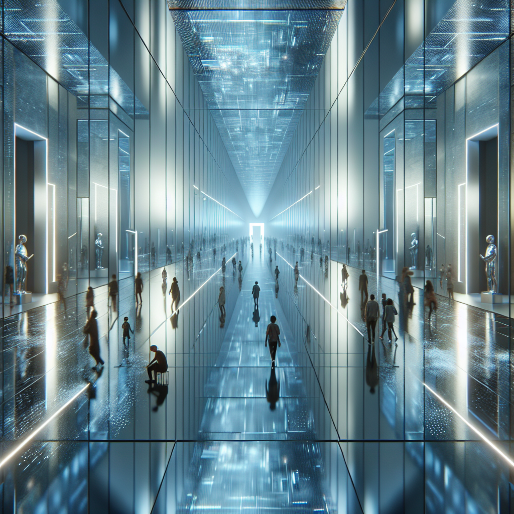 Hyperrealistic futuristic mirrored corridor in a contemporary art gallery with reflective walls, ambient lighting, and infinite reflections.