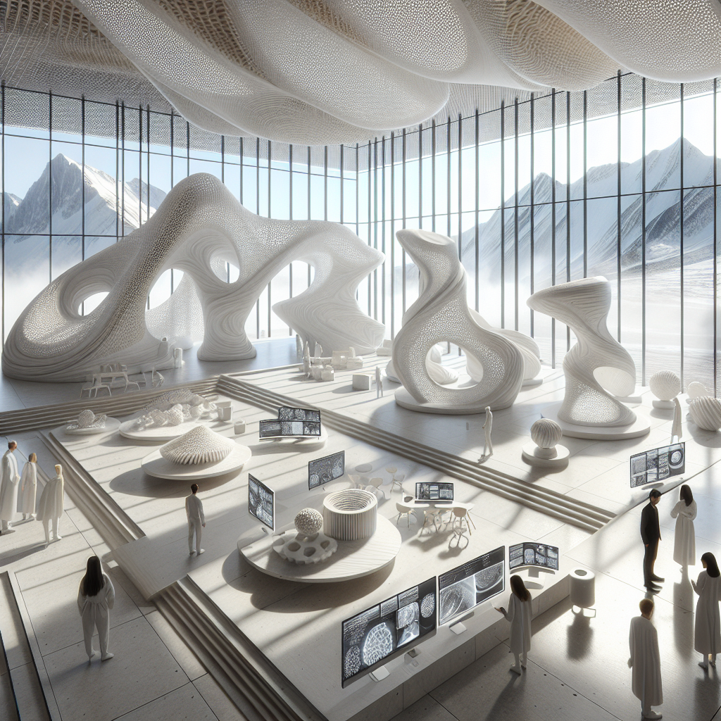 Futuristic architecture studio with recycled Styrofoam prototypes, CNC-carved organic forms, and designers exploring sustainable design concepts.