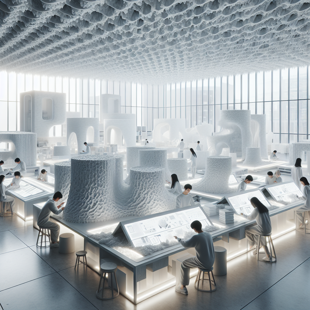 Futuristic architecture studio with recycled Styrofoam prototypes, CNC-carved organic forms, and designers exploring sustainable design concepts.