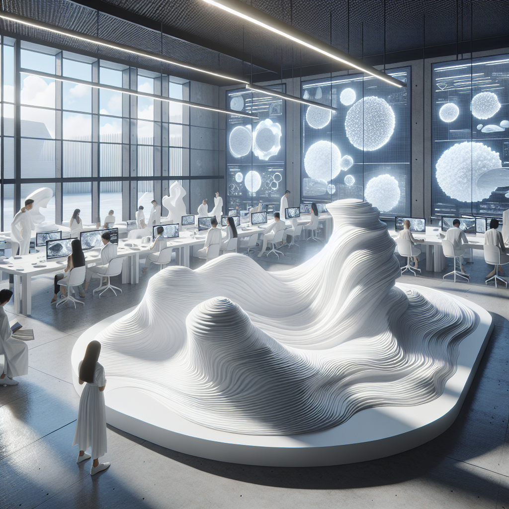 Futuristic architecture studio with recycled Styrofoam prototypes, CNC-carved organic forms, and designers exploring sustainable design concepts.
