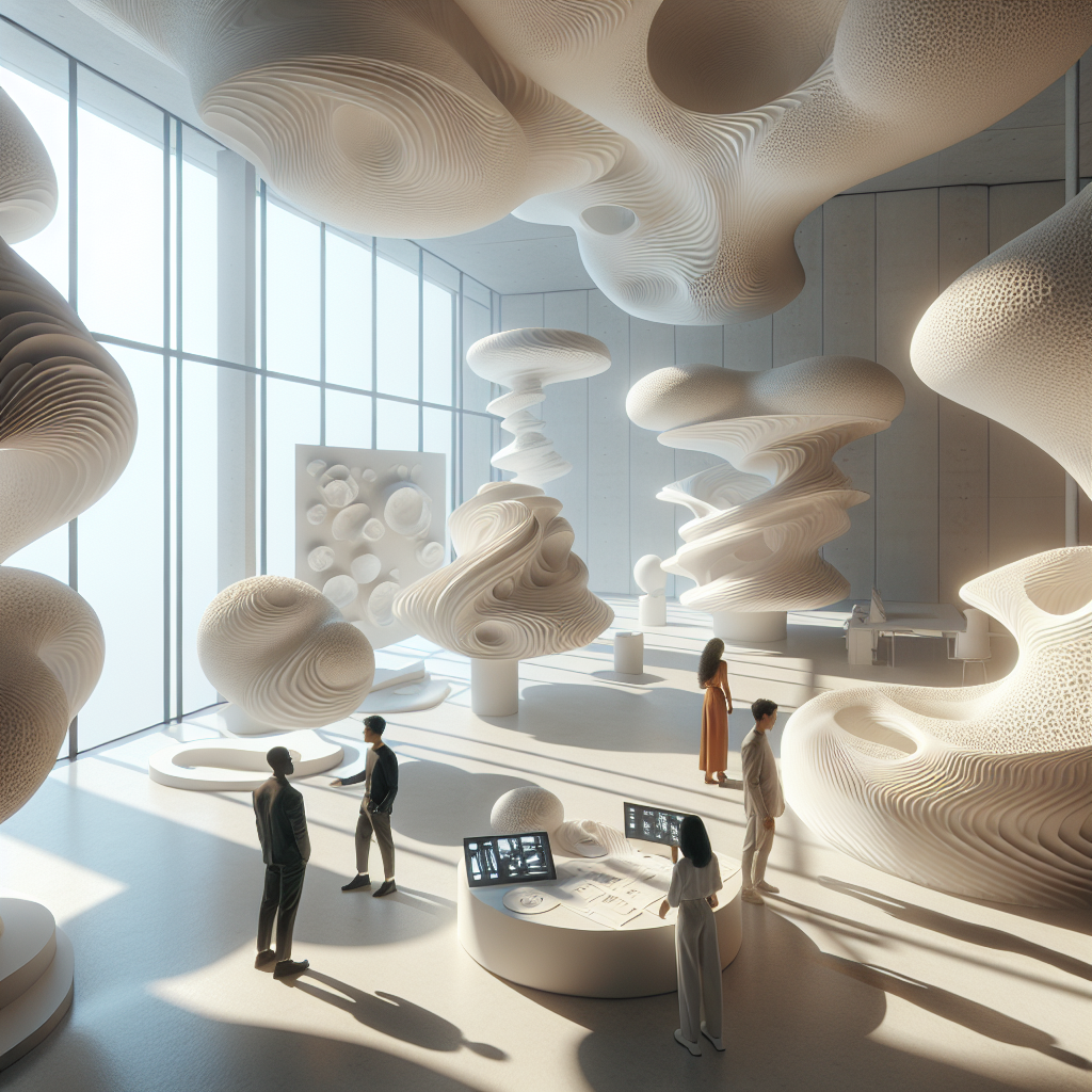 Futuristic architecture studio with recycled Styrofoam prototypes, CNC-carved organic forms, and designers exploring sustainable design concepts.
