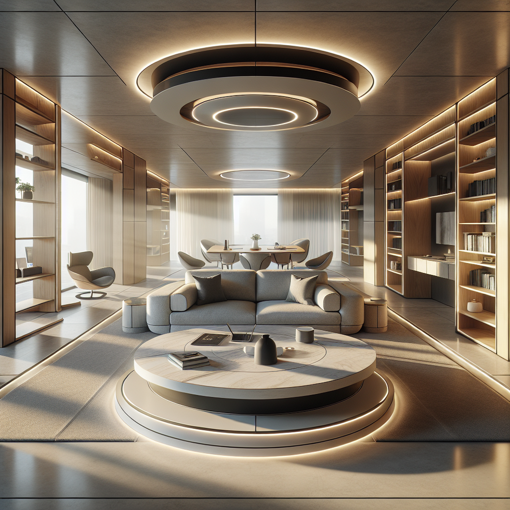 Hyperrealistic futuristic living room with kinetic furniture, natural light, oak and marble finishes, and adaptive smart ambient lighting.
