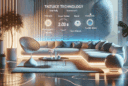 Hyperrealistic futuristic living room with smart thermochromic furniture, adaptive lighting, and biometric sensor design.