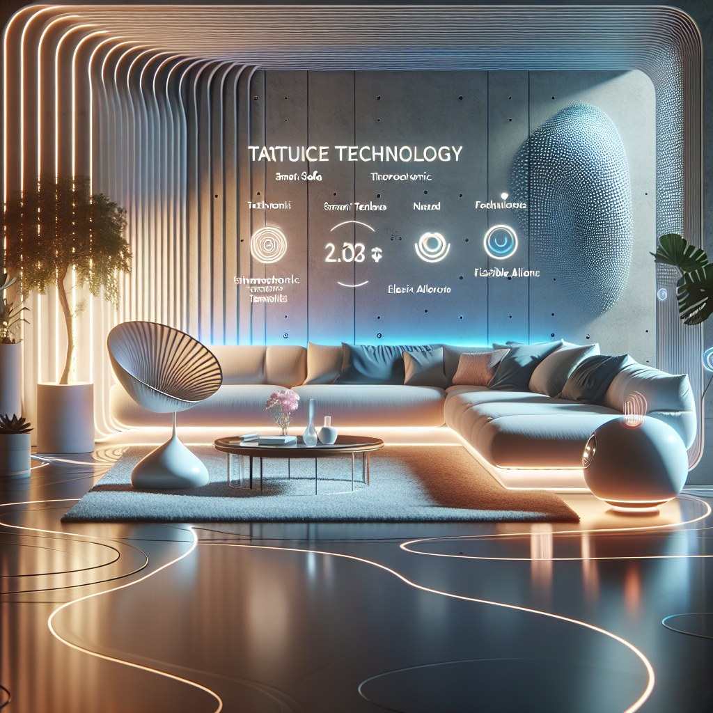 Hyperrealistic futuristic living room with smart thermochromic furniture, adaptive lighting, and biometric sensor design.