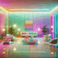 Hyperrealistic retro-futuristic living room with pastel neon hues, acrylic furniture, terrazzo floors, and smart-home minimalist design.