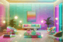 Hyperrealistic retro-futuristic living room with pastel neon hues, acrylic furniture, terrazzo floors, and smart-home minimalist design.
