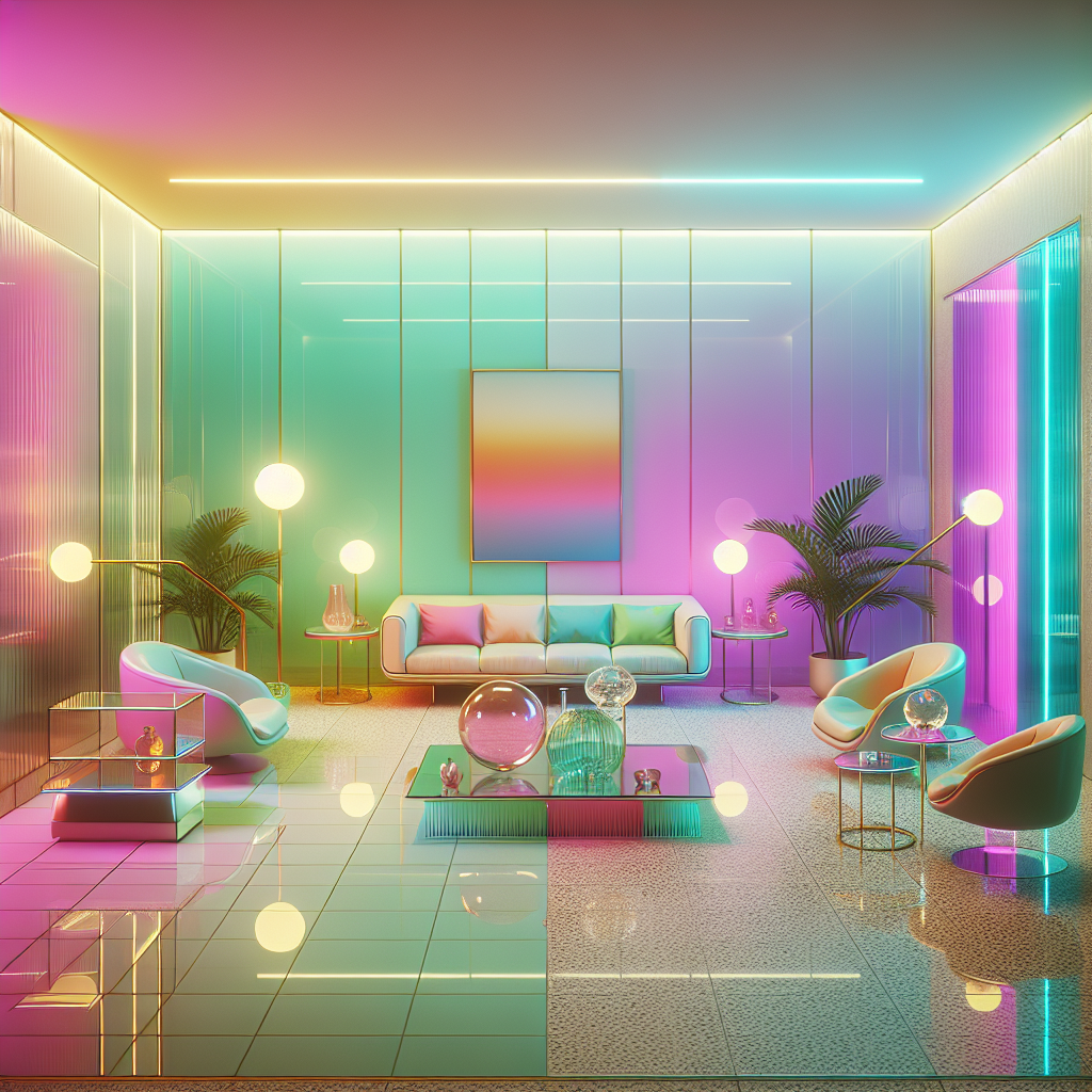Hyperrealistic retro-futuristic living room with pastel neon hues, acrylic furniture, terrazzo floors, and smart-home minimalist design.