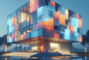 Hyperrealistic rendering of Pixel House at dusk with glowing LED façade, vibrant gradients, ceramic tiles, aluminum frame, and modern design.