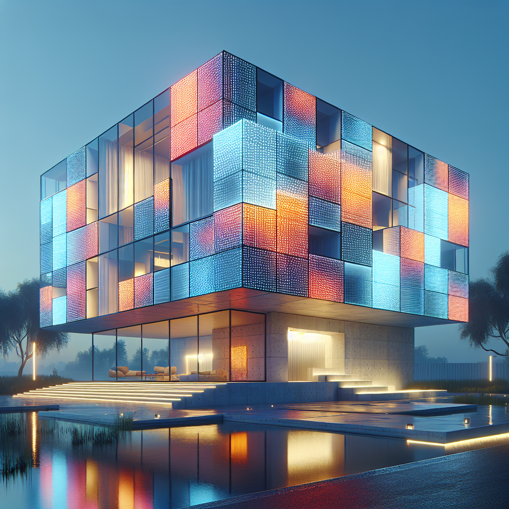 Hyperrealistic rendering of Pixel House at dusk with glowing LED façade, vibrant gradients, ceramic tiles, aluminum frame, and modern design.