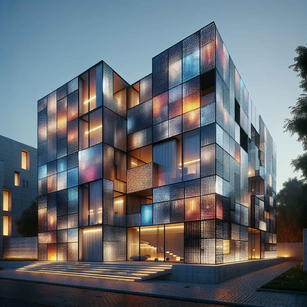 Hyperrealistic rendering of Pixel House at dusk with glowing LED façade, vibrant gradients, ceramic tiles, aluminum frame, and modern design.