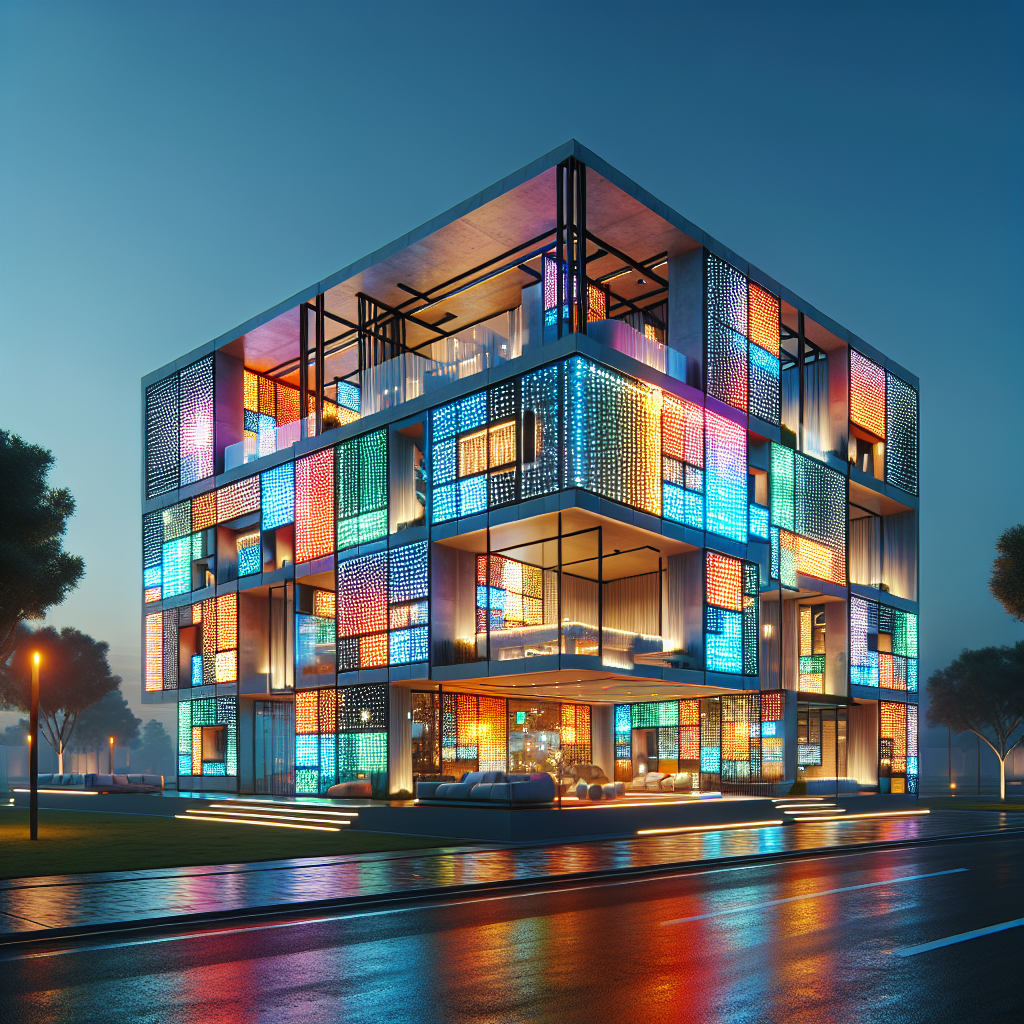 Hyperrealistic rendering of Pixel House at dusk with glowing LED façade, vibrant gradients, ceramic tiles, aluminum frame, and modern design.