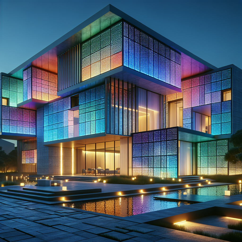 Hyperrealistic rendering of Pixel House at dusk with glowing LED façade, vibrant gradients, ceramic tiles, aluminum frame, and modern design.