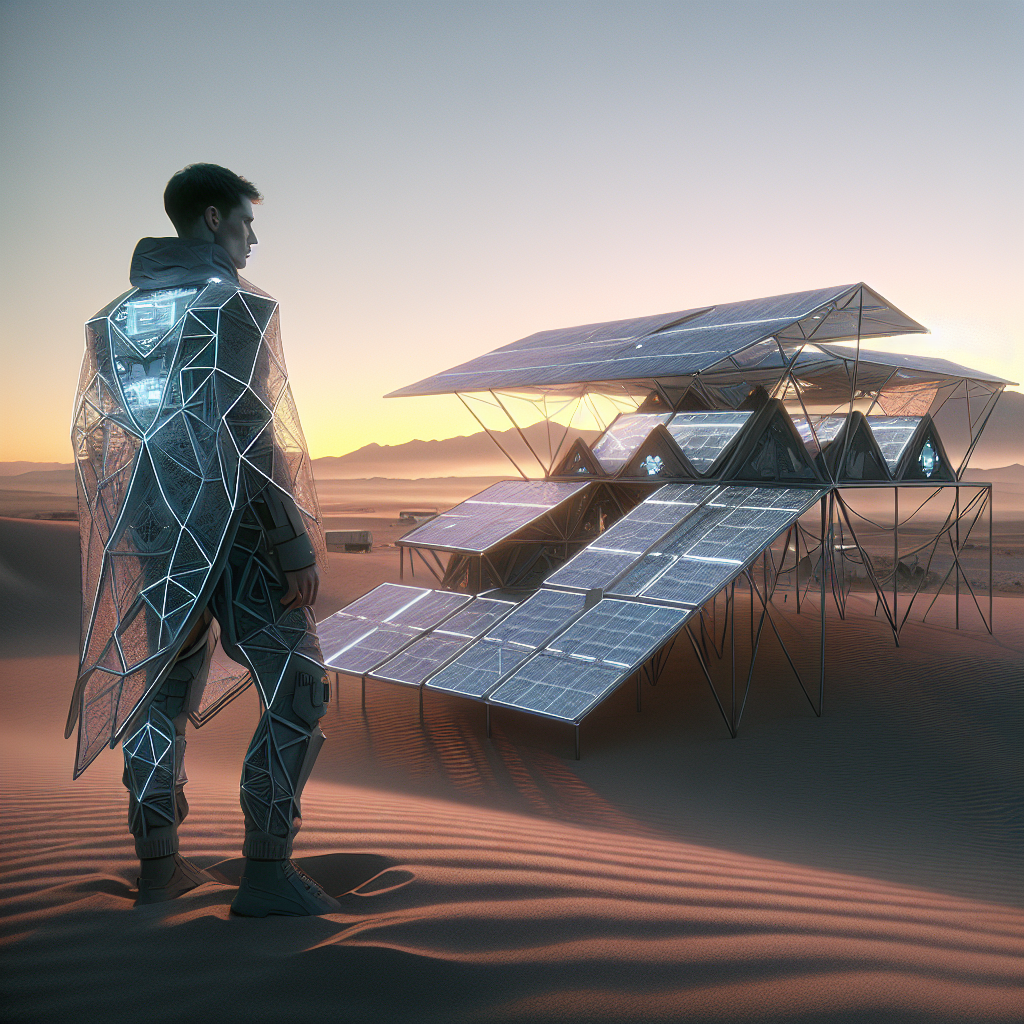 Hyperrealistic futuristic traveler in modular smart textile garment that transforms into a personal shelter in desert dawn light.