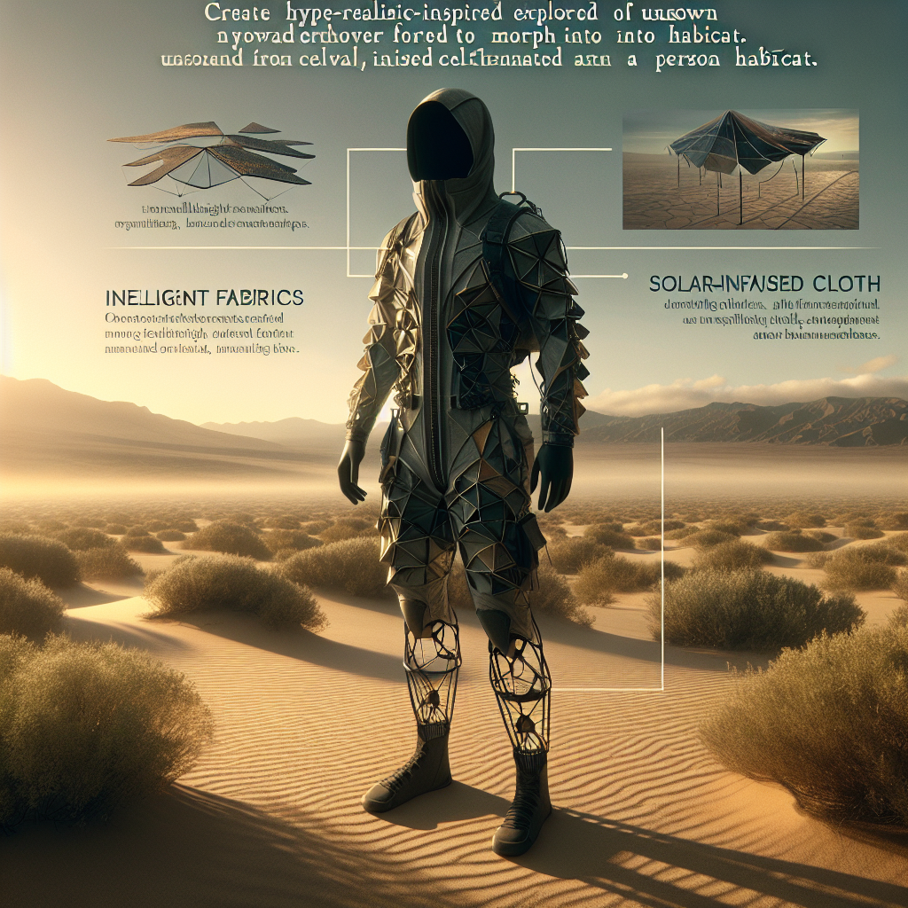 Hyperrealistic futuristic traveler in modular smart textile garment that transforms into a personal shelter in desert dawn light.