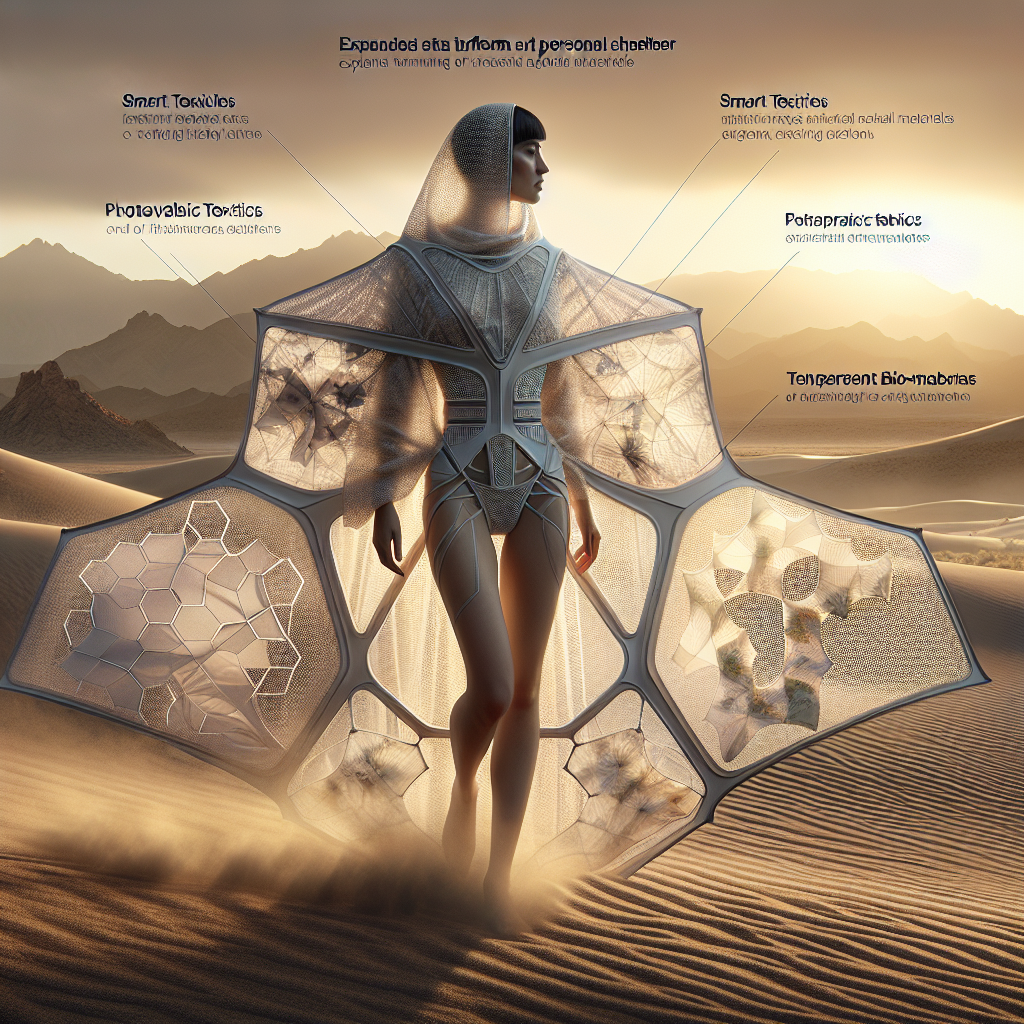 Hyperrealistic futuristic traveler in modular smart textile garment that transforms into a personal shelter in desert dawn light.