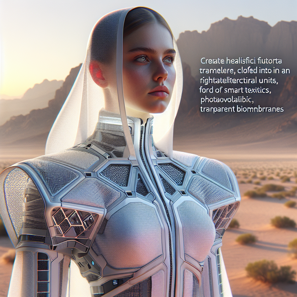 Hyperrealistic futuristic traveler in modular smart textile garment that transforms into a personal shelter in desert dawn light.