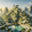 Hyperrealistic futuristic ziggurat-style terraced housing complex with lush greenery, sustainable design, and golden hour urban skyline.