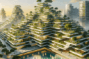 Hyperrealistic futuristic ziggurat-style terraced housing complex with lush greenery, sustainable design, and golden hour urban skyline.