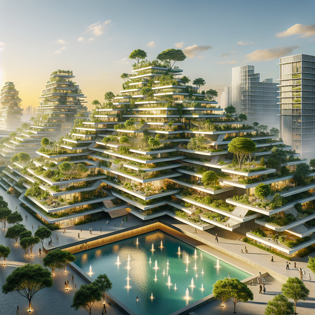 Hyperrealistic futuristic ziggurat-style terraced housing complex with lush greenery, sustainable design, and golden hour urban skyline.